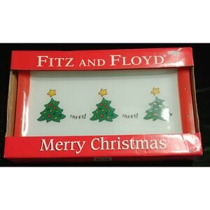 NIB Fitz & Floyd Merry Christmas Tree GLASS TRAY 12.5" X7”Serving Plate Platter